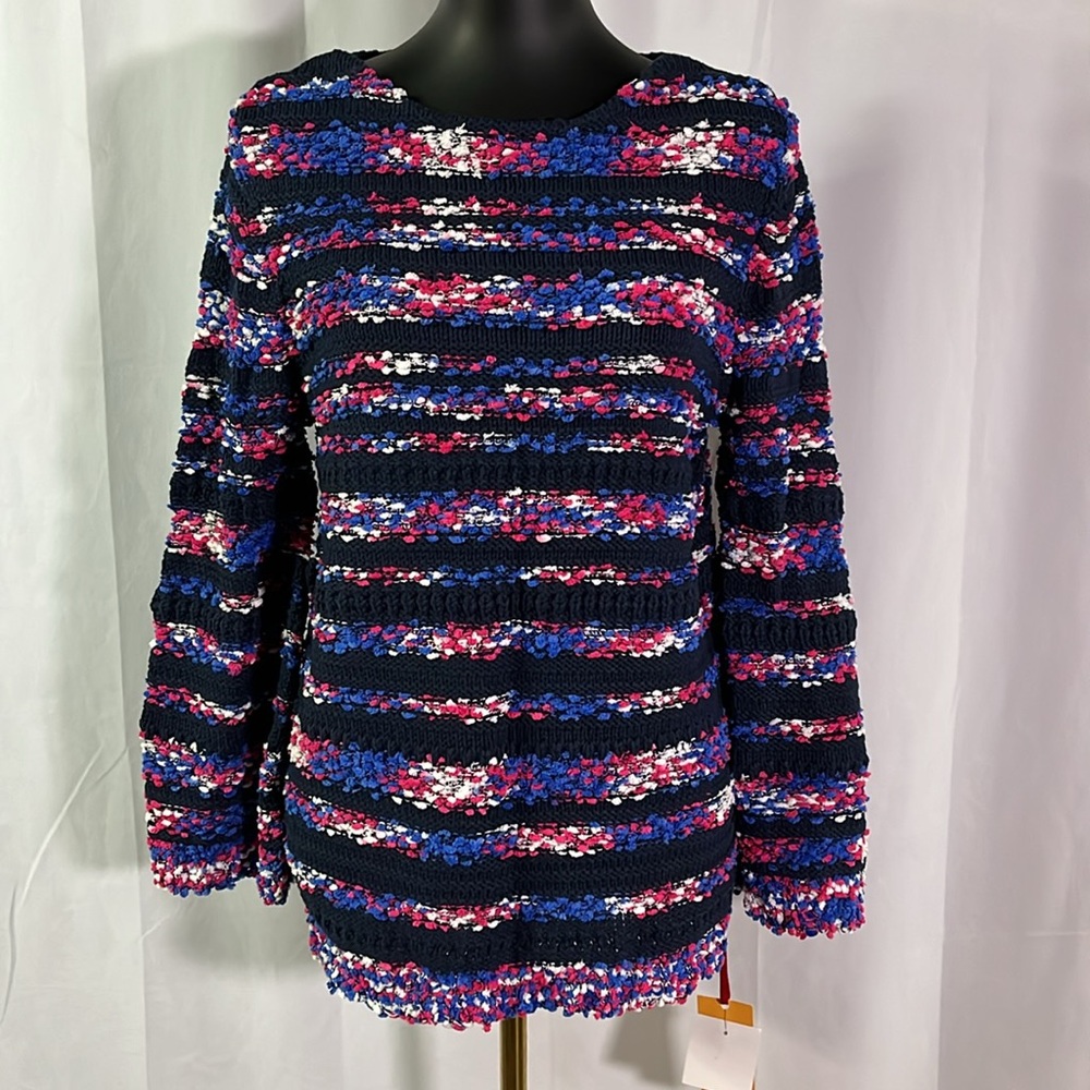 NWT Ruby Rd. Pink & Navy Striped Boucle Knit Flared Sleeve Sweater